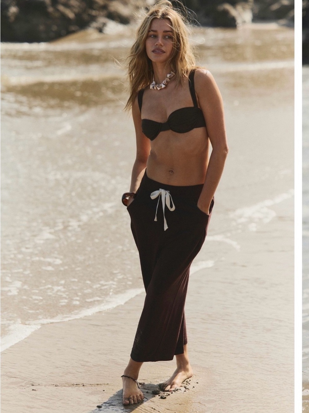 Free People Wynona Wide Leg Pants in Brown with Cream Drawstring